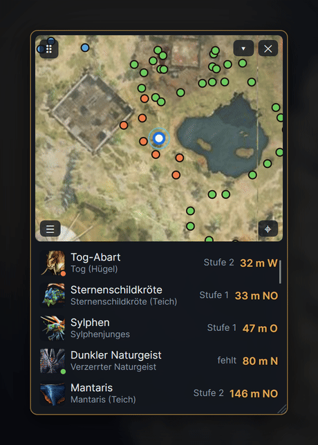 Pet-Radar unterwegs: die Minimap folgt dir, Entfernungen laufen mit